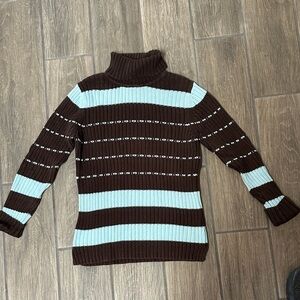 JEANNE PIERRE Brown and Light Blue Striped Turtleneck Sweater, size medium